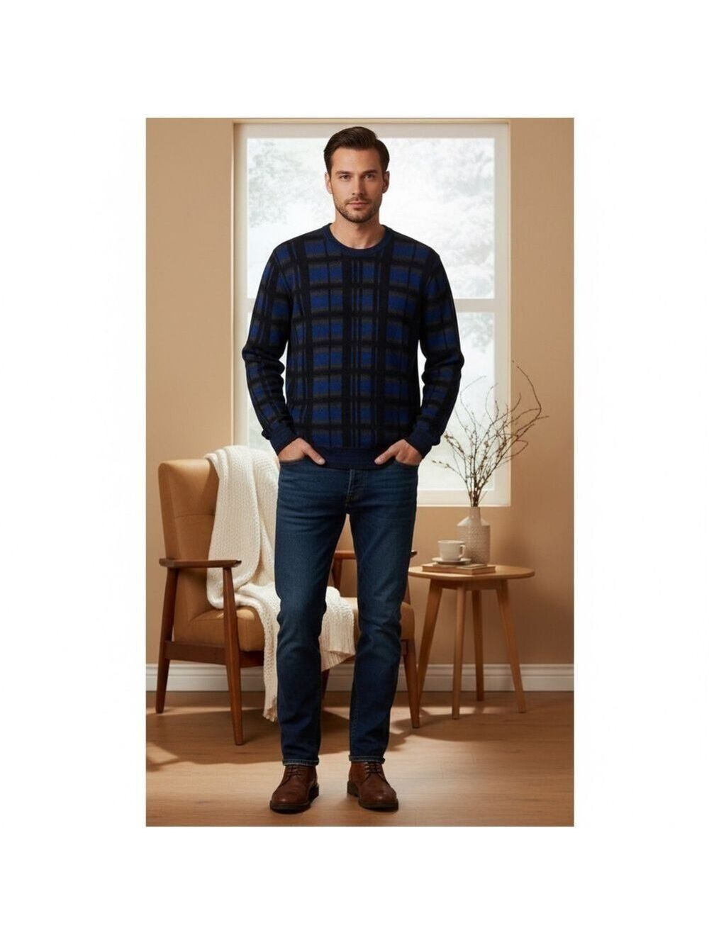 Perry Ellis Men's Large Blue Plaid Crewneck Sweater
